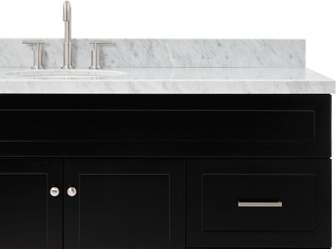 ARIEL Hamlet 66-inch Bathroom Vanity with Sink,Solid Wood, 1.5-inch Italian Carrara Marble Countertop & Backsplash, Single Oval Porcelain Sink, 2 Soft Closing Doors, 4 Dovetail Drawers, Black