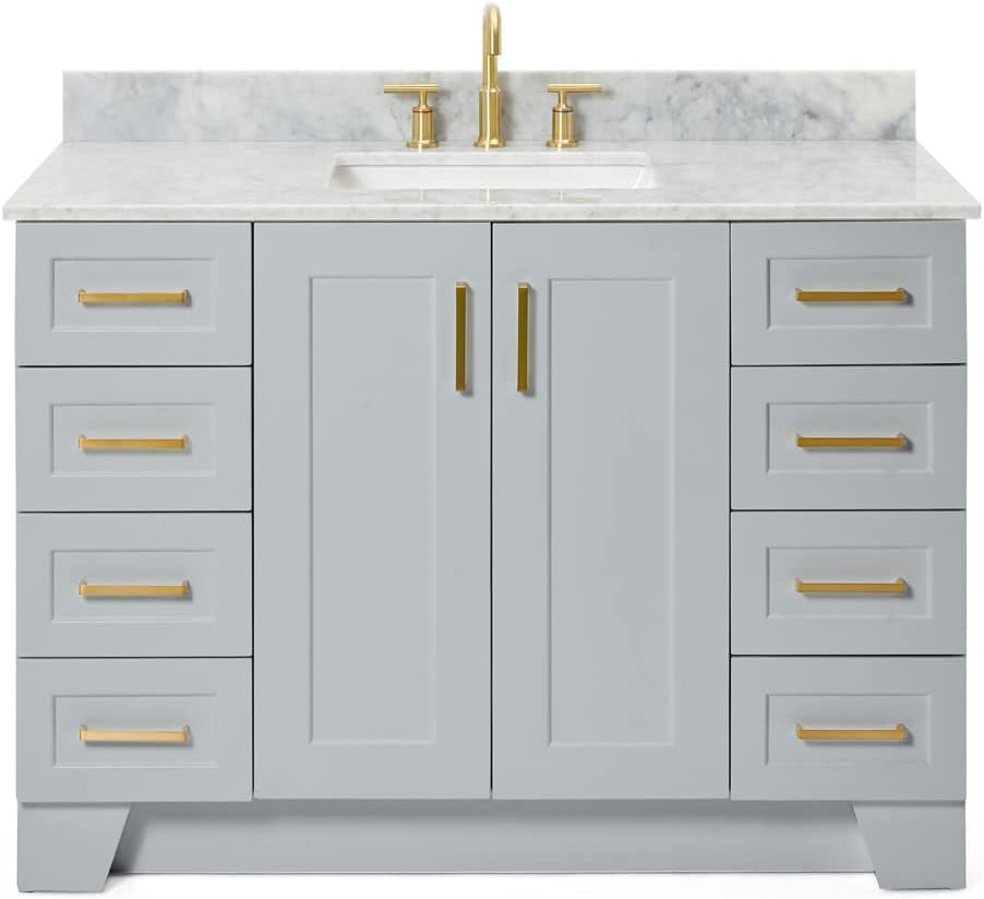 ARIEL Taylor 48-inch Bathroom Vanity with Sink,Solid Wood, 0.75-inch Italian Carrara Marble Countertop, Single Rectangular Porcelain Sink, Soft Closing Doors, Dovetail Drawers, Grey