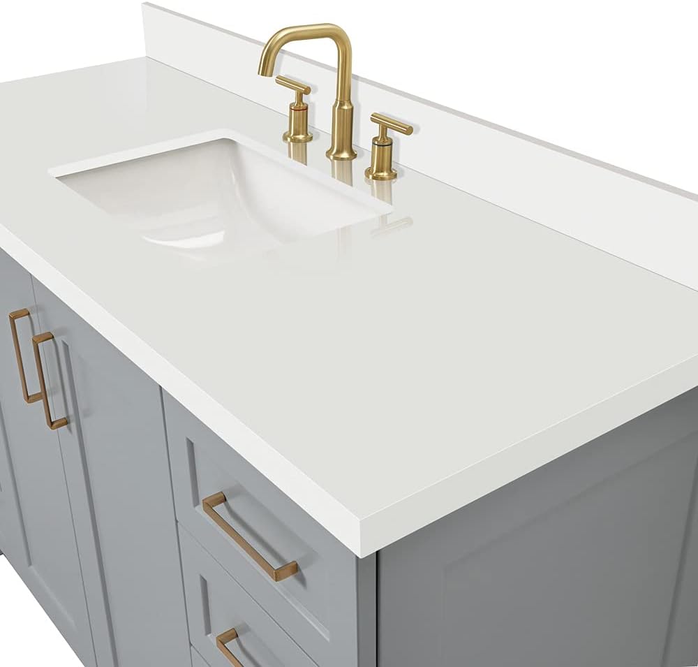ARIEL Taylor 54-inch Bathroom Vanity with Sink,Solid Wood, 1.5-inch Pure White Quartz Countertop & Backsplash, Single Rectangular Porcelain Sink, 2 Soft Closing Doors, 9 Dovetail Drawers, Grey