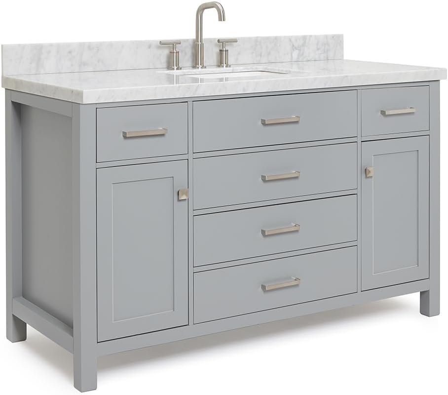 ARIEL 60-Inch White Bathroom Vanity with Sink, 1.5-Inch Italian Carrara Marble Countertop & Backsplash, Rectangular Ceramic Sink, 2 Soft Closing Doors, 5 Dovetail Drawers, Polished Chrome