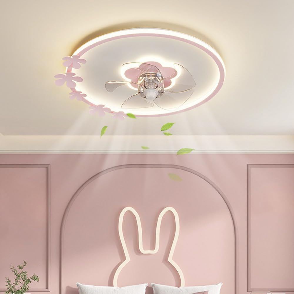 20' Pink Flush Mount Ceiling Fan with Lights Remote Control Girls Ceiling Fan with Lights for Bedroom Flower Shape Timing Dimmable LED Ceiling Fan Light for Kids Room Children Nursery