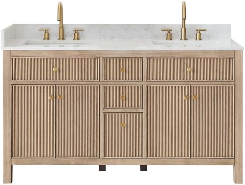Pemberly Row 60' Wood Bathroom Vanity, Natural Oak Finish, Grain White Engineered Stone Top, No Mirror, 4 Fluted Doors, 5 Drawers, Contemporary Style, Undermount Sink, Ideal for Bathroom Storage