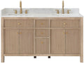 Pemberly Row 60' Wood Bathroom Vanity, Natural Oak Finish, Grain White Engineered Stone Top, No Mirror, 4 Fluted Doors, 5 Drawers, Contemporary Style, Undermount Sink, Ideal for Bathroom Storage