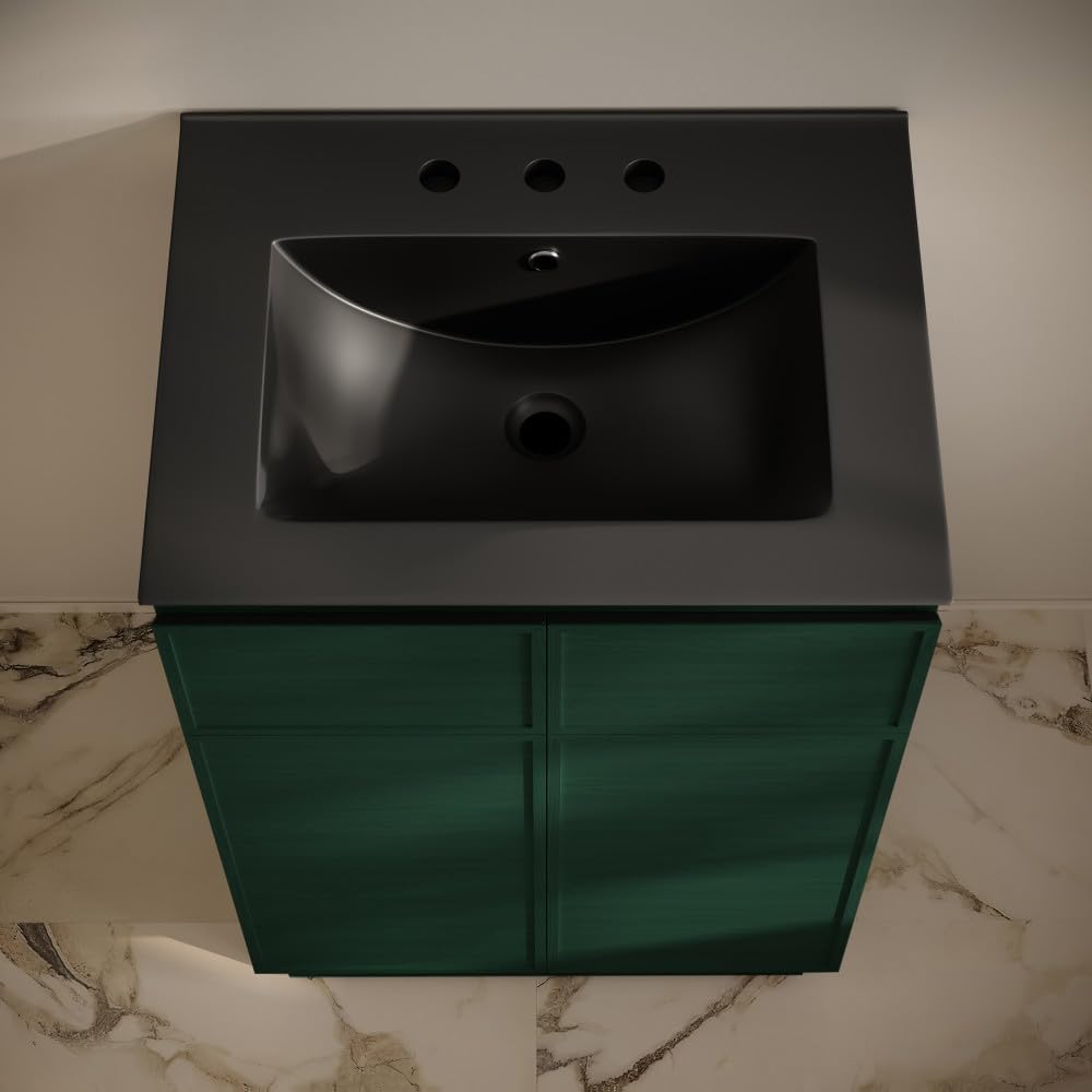 St. Tropez 24' Freestanding Bathroom Vanity in Green Oak with Black 3-Hole Widespread Sink Top