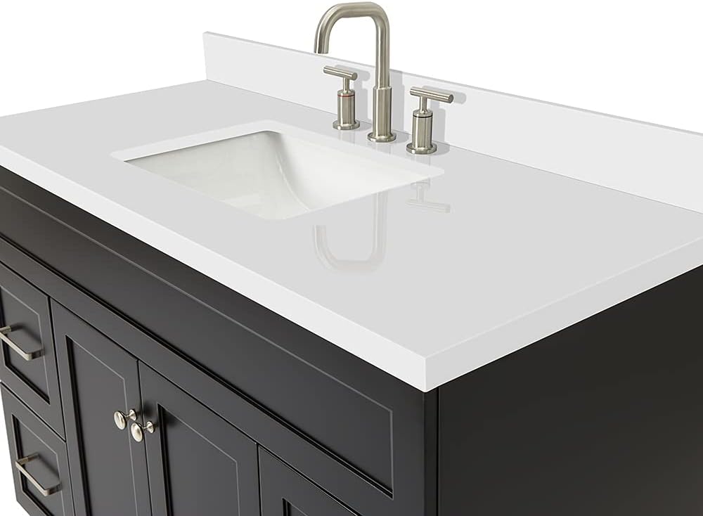 ARIEL Hamlet 48-inch Bathroom Vanity with Sink,Solid Wood, 1.5-inch Pure White Quartz Countertop & Backsplash, Single Rectangular Porcelain Sink, 2 Soft Closing Doors, 4 Dovetail Drawers, Black