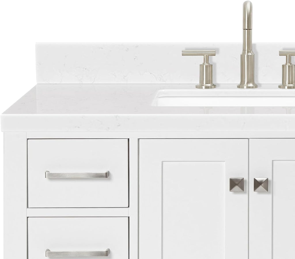 ARIEL Cambridge 42-inch Bathroom Vanity with Sink,Solid Wood, 1.5-inch Carrara White Quartz Countertop, Single Rectangular Porcelain Sink, 2 Soft Closing Doors, 9 Dovetail Drawers, White