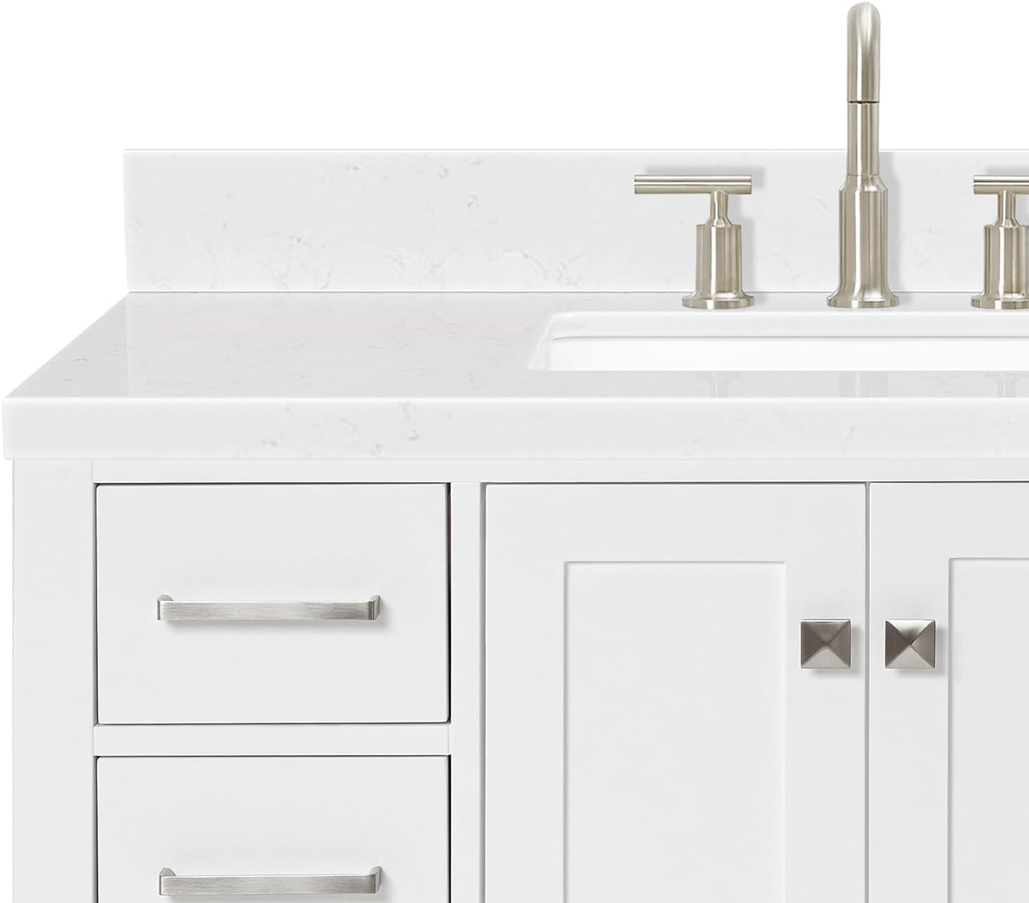 ARIEL Cambridge 42-inch Bathroom Vanity with Sink,Solid Wood, 1.5-inch Carrara White Quartz Countertop, Single Rectangular Porcelain Sink, 2 Soft Closing Doors, 9 Dovetail Drawers, White