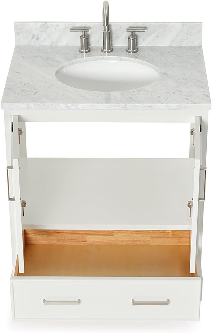 ARIEL Stafford 30-inch Bathroom Vanity with Sink,Solid Wood, 0.75-inch Italian Carrara Marble Countertop & Backsplash, Single Oval Porcelain Sink, 2 Soft Closing Doors, 1 Dovetail Drawers, White