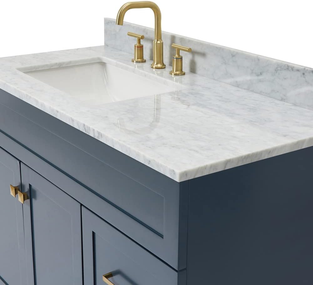 ARIEL Hamlet 43 in. Left Offset Rectangle Sink Vanity with 0.75 in. Carrara White Countertop in Midnight Blue