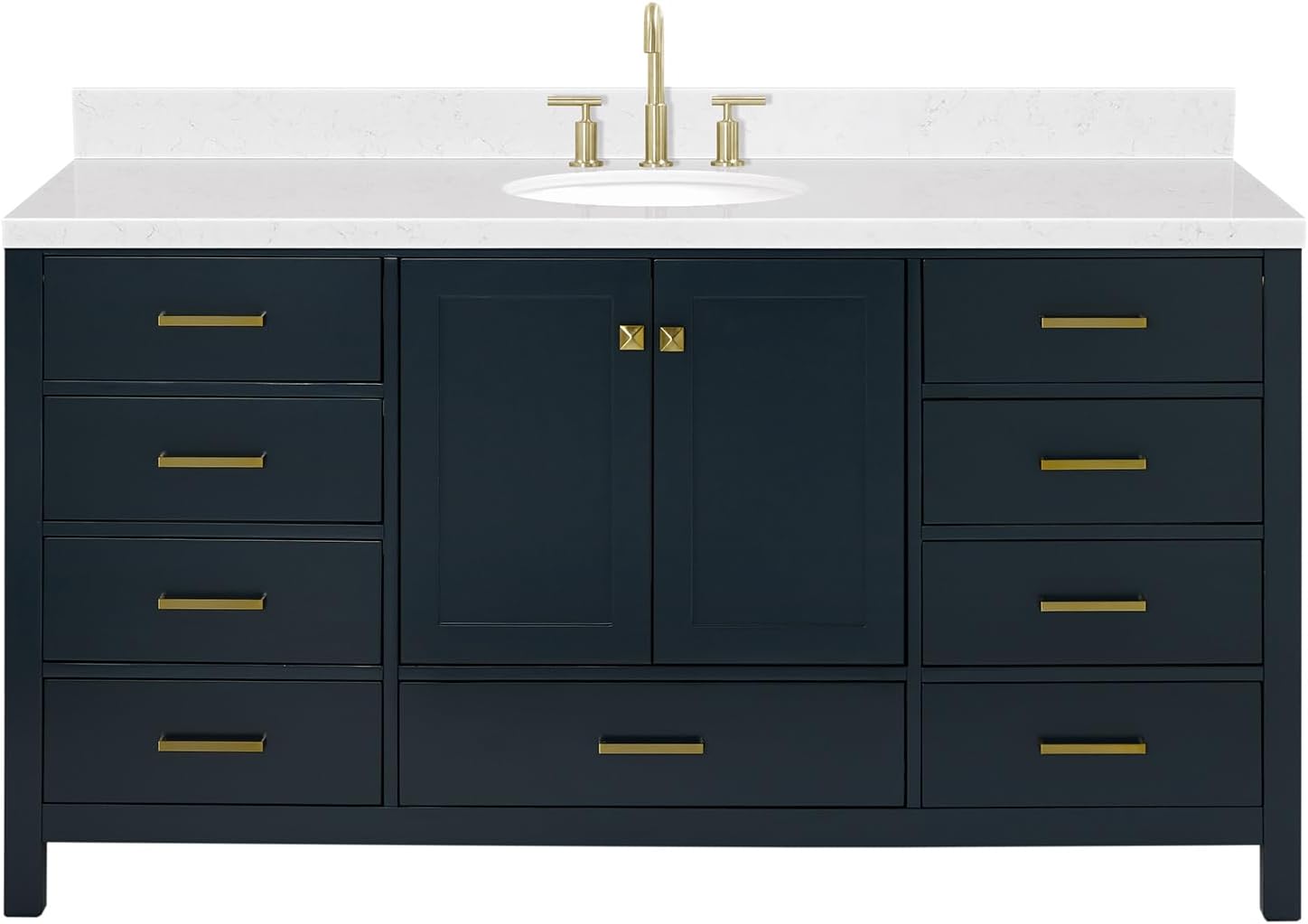ARIEL Cambridge 66-inch Bathroom Vanity with Sink,Solid Wood, 1.5-inch Carrara White Quartz Countertop, Single Oval Porcelain Sink, 2 Soft Closing Doors, 9 Dovetail Drawers, Midnight Blue