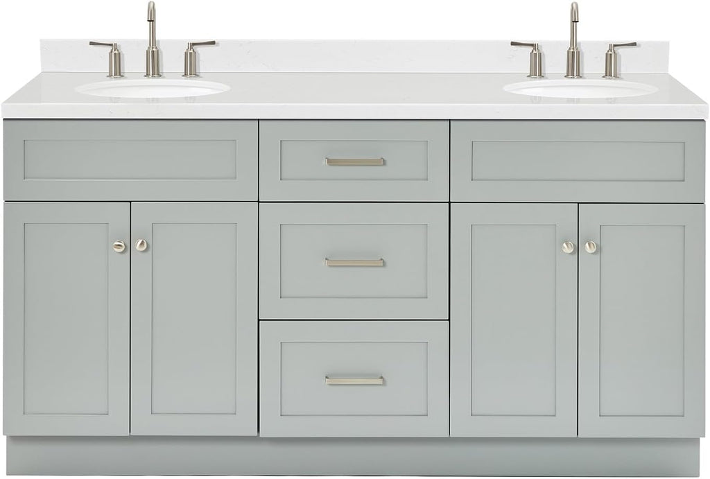 ARIEL Hamlet 66-inch Bathroom Vanity with Sink,Solid Wood, 1.5-inch Carrara White Quartz Countertop & Backsplash, Double Oval Porcelain Sink, 4 Soft Closing Doors, 3 Dovetail Drawers, Grey