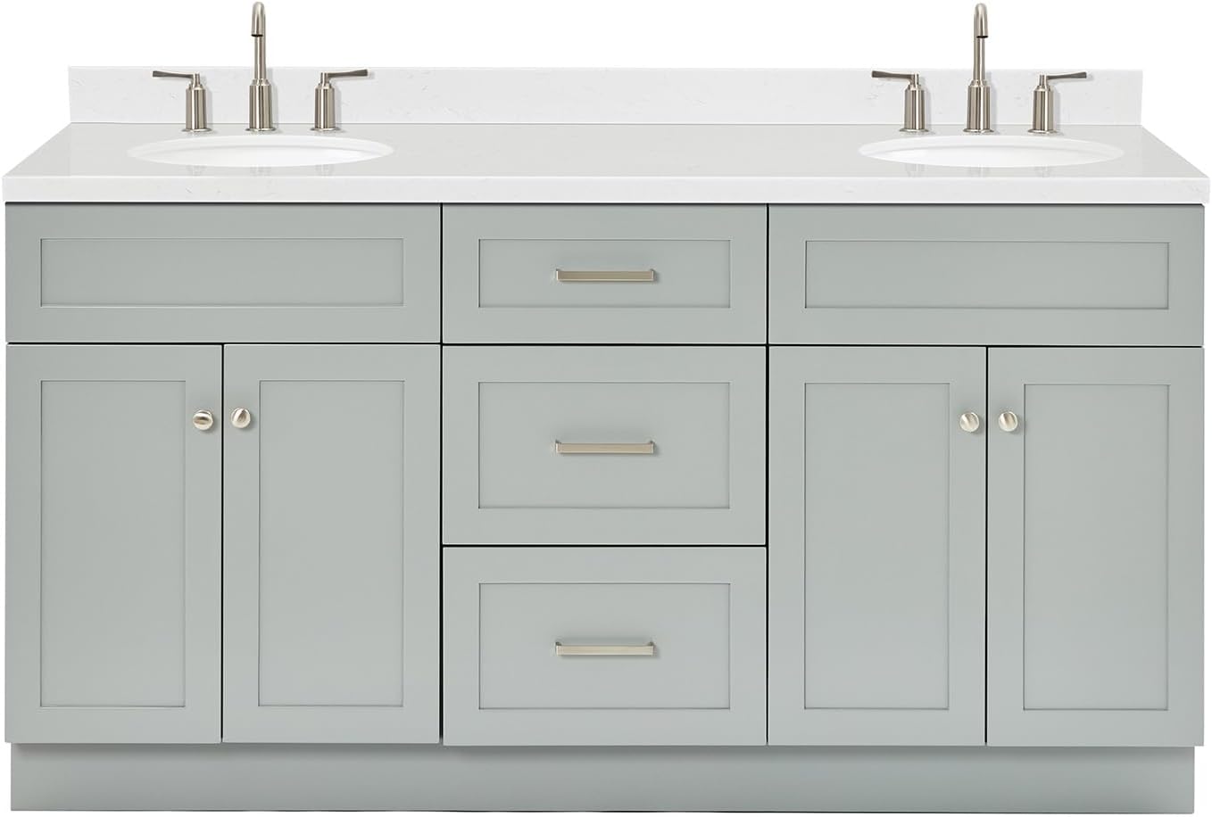 ARIEL Hamlet 66-inch Bathroom Vanity with Sink,Solid Wood, 1.5-inch Carrara White Quartz Countertop & Backsplash, Double Oval Porcelain Sink, 4 Soft Closing Doors, 3 Dovetail Drawers, Grey