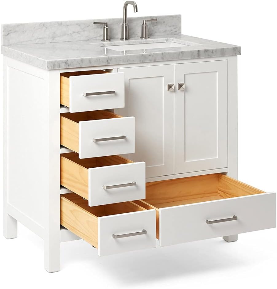 ARIEL Cambridge 36-inch Bathroom Vanity with Sink,Solid Wood, 1.5-inch Italian Carrara Marble Countertop, Single Rectangular Porcelain Sink, 2 Soft Closing Doors, 5 Dovetail Drawers, White