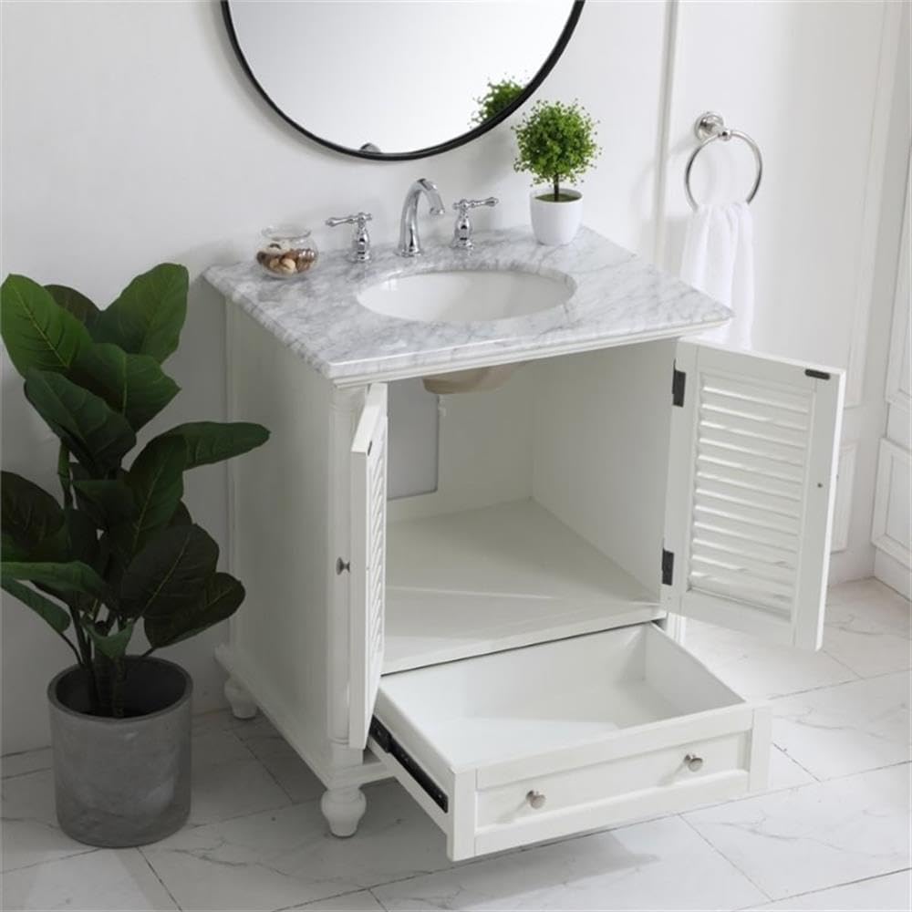Pemberly Row 30' Single Marble Top Bathroom Vanity in Antique White