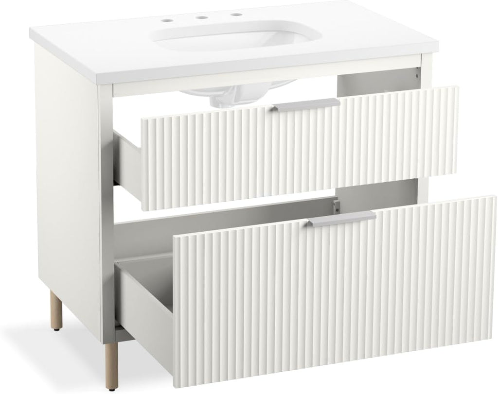 Kohler Spacity 36 Inch Wall-Hung Bathroom Vanity Cabinet with White Sink and Quartz Top, Modern Bathroom Storage, White, K-32171-ASB-0