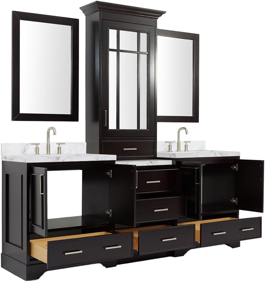 ARIEL Stafford 84-inch Bathroom Vanity with Sink,Solid Wood, 1.5-inch Italian Carrara Marble Countertop, Double Rectangular Porcelain Sink, 5 Soft Closing Doors, 6 Dovetail Drawers, Espresso