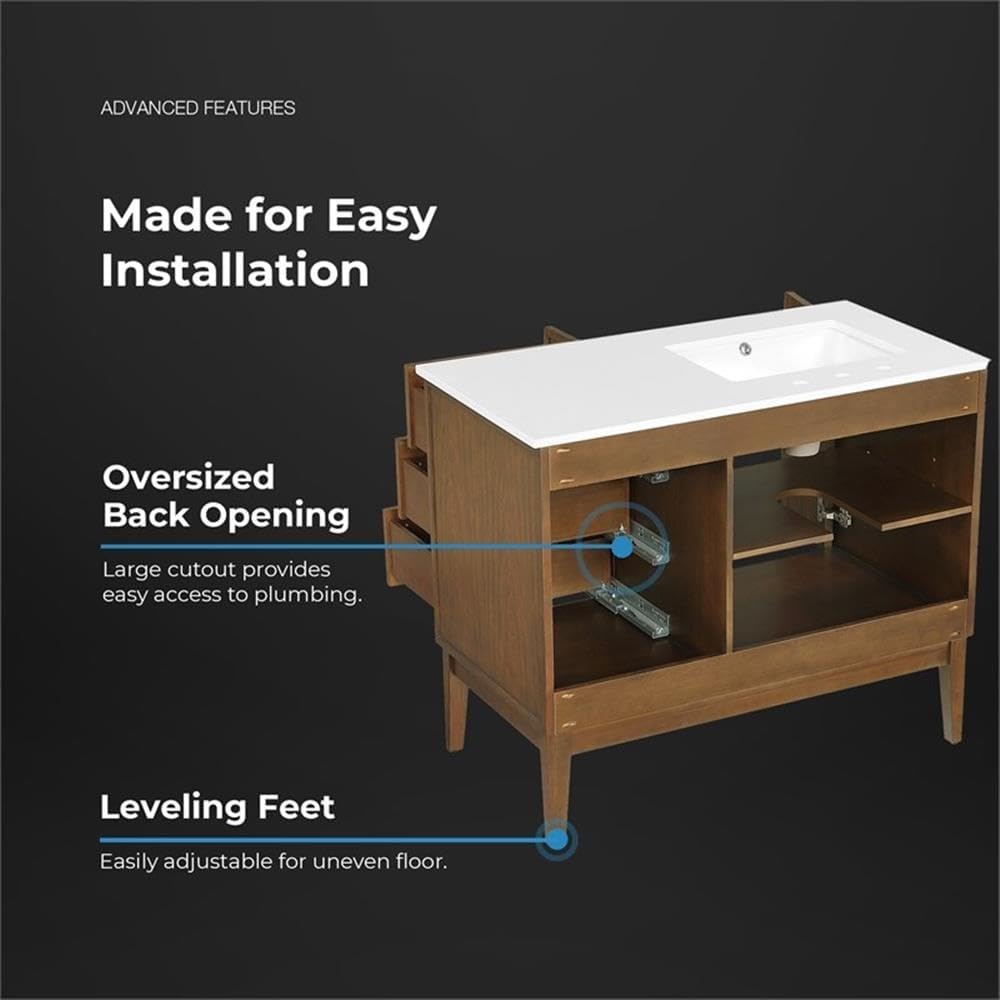 Pemberly Row 42' Bathroom Vanity, Warm Walnut Finish, Solid Wood Frame, White Engineered Stone Countertop, Offset Sink with Storage, Modern Style for Small Bathroom or Powder Room