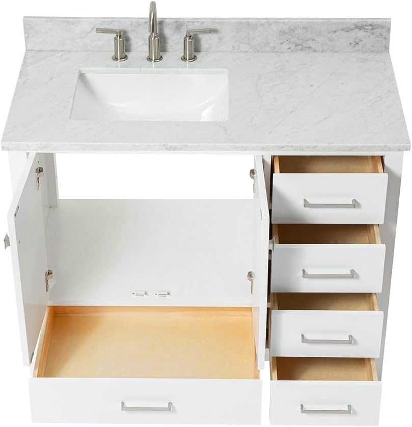 ARIEL Cambridge 43 in. Left Offset Rectangle Single Sink Vanity with Carrara White Marble Countertop in White
