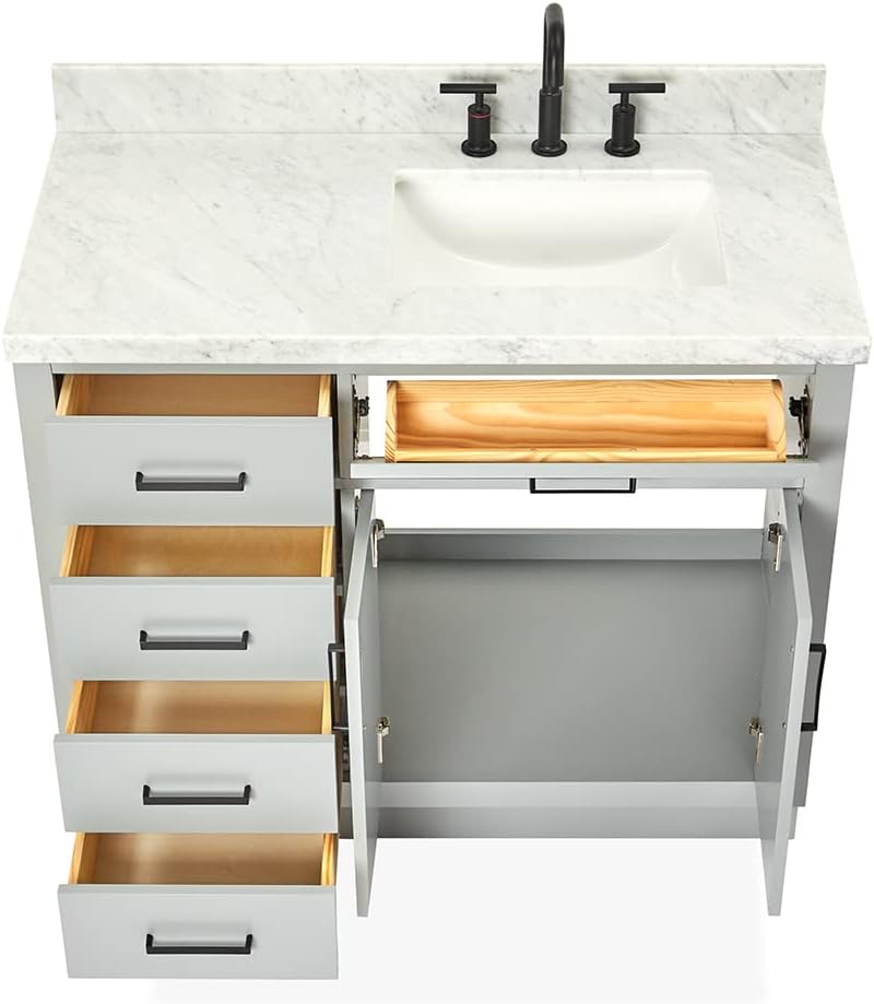 ARIEL 54' Grey Single Bathroom Vanity with Sink, 1.5' Italian Carrara Marble Countertop, Rectangular Undermount Sink, 2 Soft Closing Doors, 9 Dovetail Drawers
