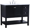 Pemberly Row Contemporary 42' Single Bathroom Vanity, Black Finish, Solid Poplar Wood Base, Carrara White Marble Top, Porcelain Undermount Sink, Soft-Close Drawers, Freestanding Design for Bathroom