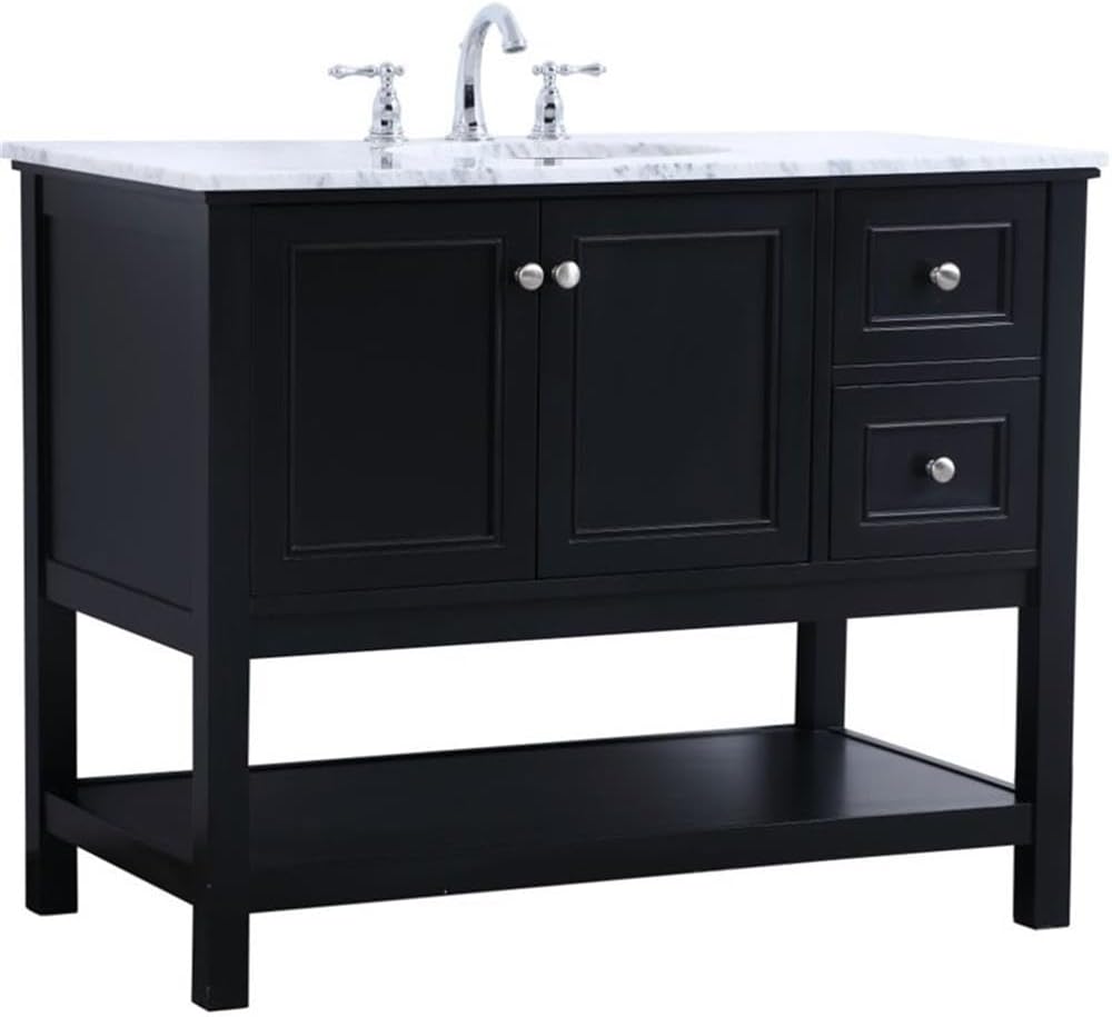 Pemberly Row Contemporary 42' Single Bathroom Vanity, Black Finish, Solid Poplar Wood Base, Carrara White Marble Top, Porcelain Undermount Sink, Soft-Close Drawers, Freestanding Design for Bathroom