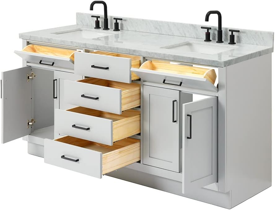 DKB Isabella 72 Inch Bathroom Vanity Double Sink — Grey Bathroom Vanity with Sink, 1.5' Edge Italian Carrara Marble Countertop & Backsplash, 4 Soft-Close Doors, 4 Dovetail Drawers, and 2 Tilt Drawers