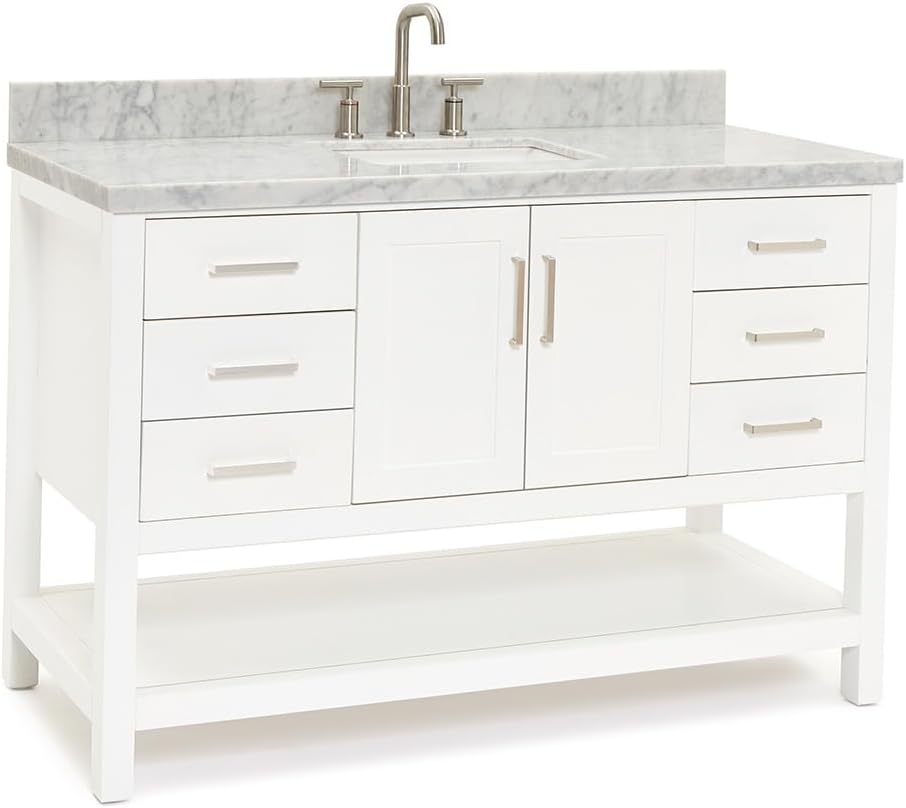 ARIEL Magnolia 54-inch Bathroom Vanity with Sink,Solid Wood, 1.5-inch Italian Carrara Marble Countertop, Single Rectangular Porcelain Sink, Soft Closing Doors, Dovetail Drawers, White