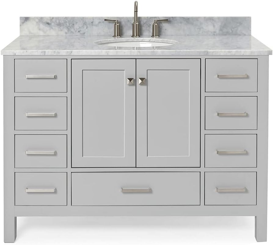 ARIEL Cambridge 48-inch Bathroom Vanity with Sink,Solid Wood, 0.75-inch Italian Carrara Marble Countertop & Backsplash, Single Oval Porcelain Sink, 2 Soft Closing Doors, 9 Dovetail Drawers, Grey