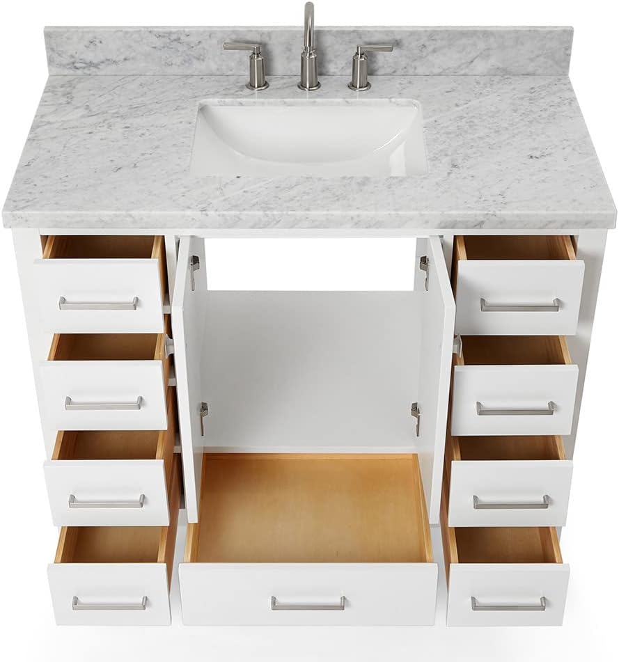 ARIEL Cambridge 42-inch Bathroom Vanity with Sink,Solid Wood, 1.5-inch Italian Carrara Marble Countertop, Single Rectangular Porcelain Sink, 2 Soft Closing Doors, 9 Dovetail Drawers, White