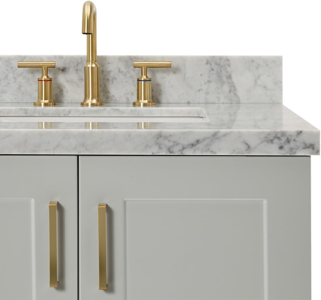 ARIEL Taylor 42-inch Bathroom Vanity with Sink,Solid Wood, 1.5-inch Italian Carrara Marble Countertop & Backsplash, Single Rectangular Porcelain Sink, 2 Soft Closing Doors, 5 Dovetail Drawers, Grey