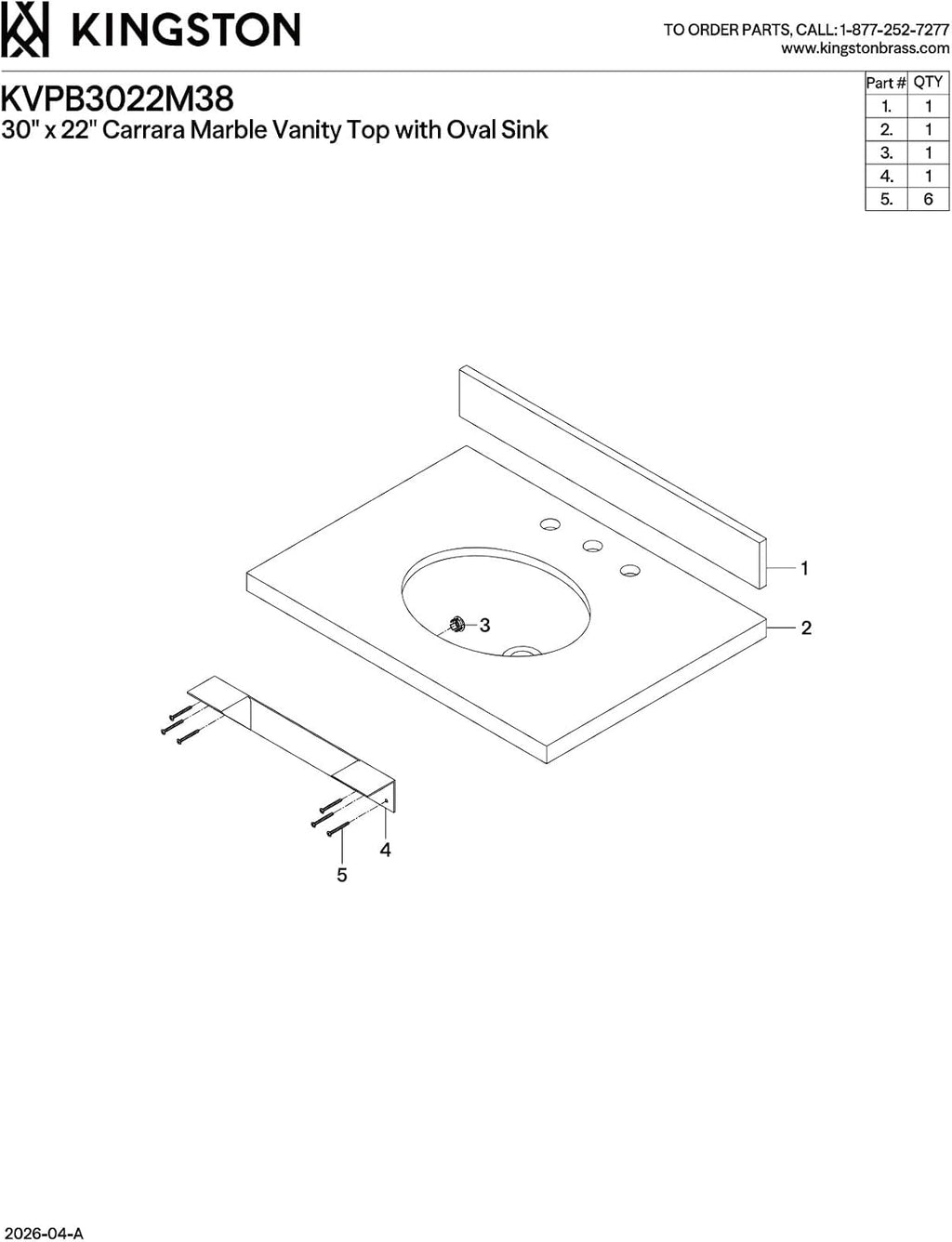 Kingston Brass KVPB3022M38 Fauceture Templeton Vanity with Tops with 17' x 14' Undermount Sink, 30' L x 22' W x 12-1/4' D, Carrara Marble White