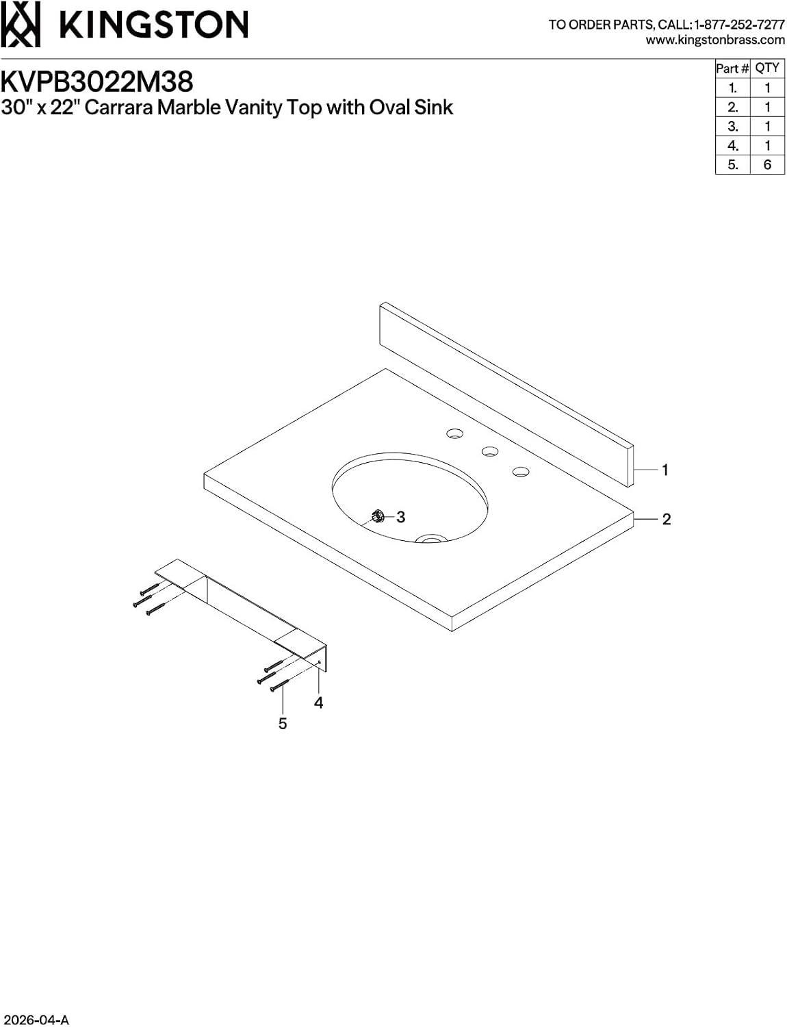 Kingston Brass KVPB3022M38 Fauceture Templeton Vanity with Tops with 17' x 14' Undermount Sink, 30' L x 22' W x 12-1/4' D, Carrara Marble White