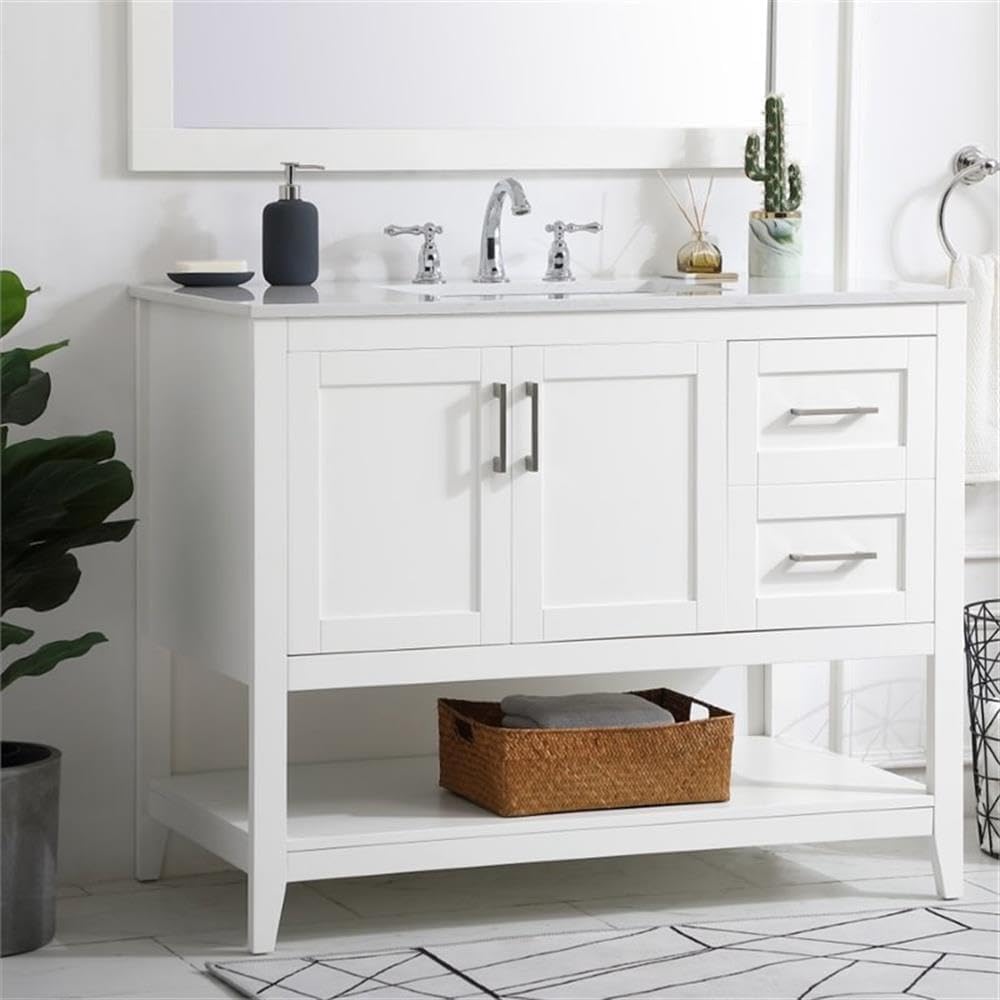 Pemberly Row Traditional 42' Bathroom Vanity, White Finish, Quartz Top with Undermount Porcelain Sink, Solid Wood and MDF Construction, Free-Standing, Storage Cabinet and Bottom Shelf, Brushed Nickel