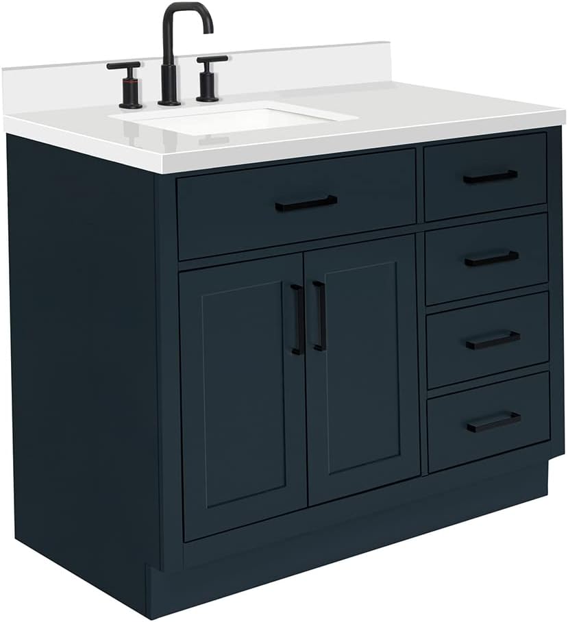 ARIEL Hepburn 43' Inch Left Offset Rectangle Sink Vanity with 1.5' Edge Pure White Quartz Countertop in Midnight Blue