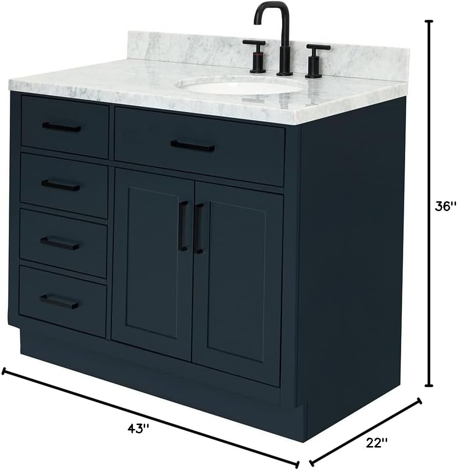 ARIEL Hepburn 43' Inch Right Offset Oval Sink Vanity with 1.5' Edge Carrara White Countertop in Midnight Blue