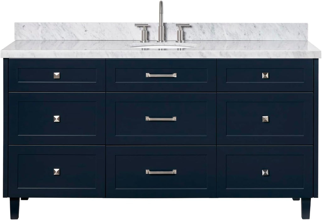 ARIEL Monroe 66-inch Bathroom Vanity with Sink,Solid Wood, 1.5-inch Italian Carrara Marble Countertop & Backsplash, Single Oval Porcelain Sink, 9 Dovetail Drawers, Midnight Blue