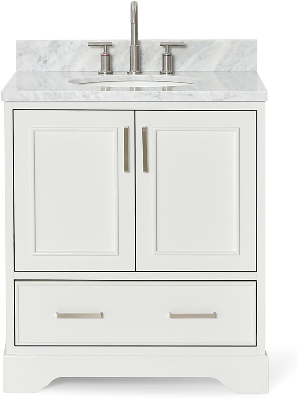 ARIEL Stafford 30-inch Bathroom Vanity with Sink,Solid Wood, 0.75-inch Italian Carrara Marble Countertop & Backsplash, Single Oval Porcelain Sink, 2 Soft Closing Doors, 1 Dovetail Drawers, White