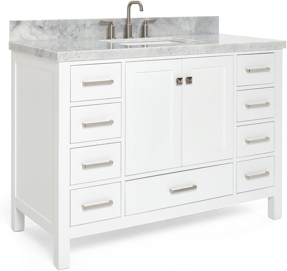 ARIEL Cambridge 48-inch Bathroom Vanity with Sink,Solid Wood, 1.5-inch Italian Carrara Marble Countertop, Single Rectangular Porcelain Sink, 2 Soft Closing Doors, 9 Dovetail Drawers, White