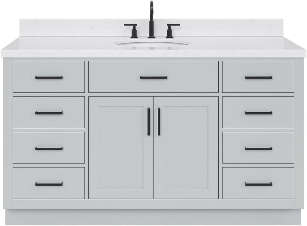 ARIEL Hepburn 66-inch Bathroom Vanity with Sink,Solid Wood, 1.5-inch Carrara White Quartz Countertop & Backsplash, Single Oval Porcelain Sink, 2 Soft Closing Doors, 9 Dovetail Drawers, Grey