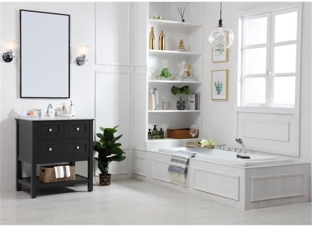 Pemberly Row 30' Single Bathroom Vanity, Marble Top, Black Finish, Solid Poplar Wood Base, White Porcelain Undermount Sink, Soft Close Drawer, Open Shelf, Contemporary Design for Modern Bathrooms