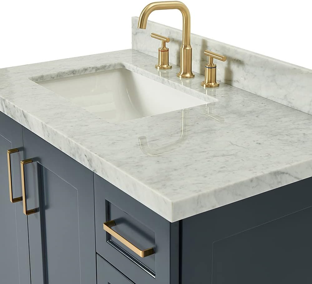ARIEL Taylor 36-inch Bathroom Vanity with Sink,Solid Wood, 1.5-inch Italian Carrara Marble Countertop, Single Rectangular Porcelain Sink, 2 Soft Closing Doors, 5 Dovetail Drawers, Midnight Blue