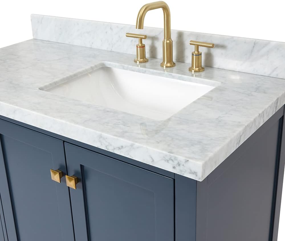 DKB Beckford 42-Inch Midnight Blue Bathroom Vanity with Sink, 1.5-Inch Italian Carrara Marble Countertop & Backsplash, Rectangular Sink, 2 Soft Closing Doors, 5 Dovetail Drawers, Satin Brass Hardware