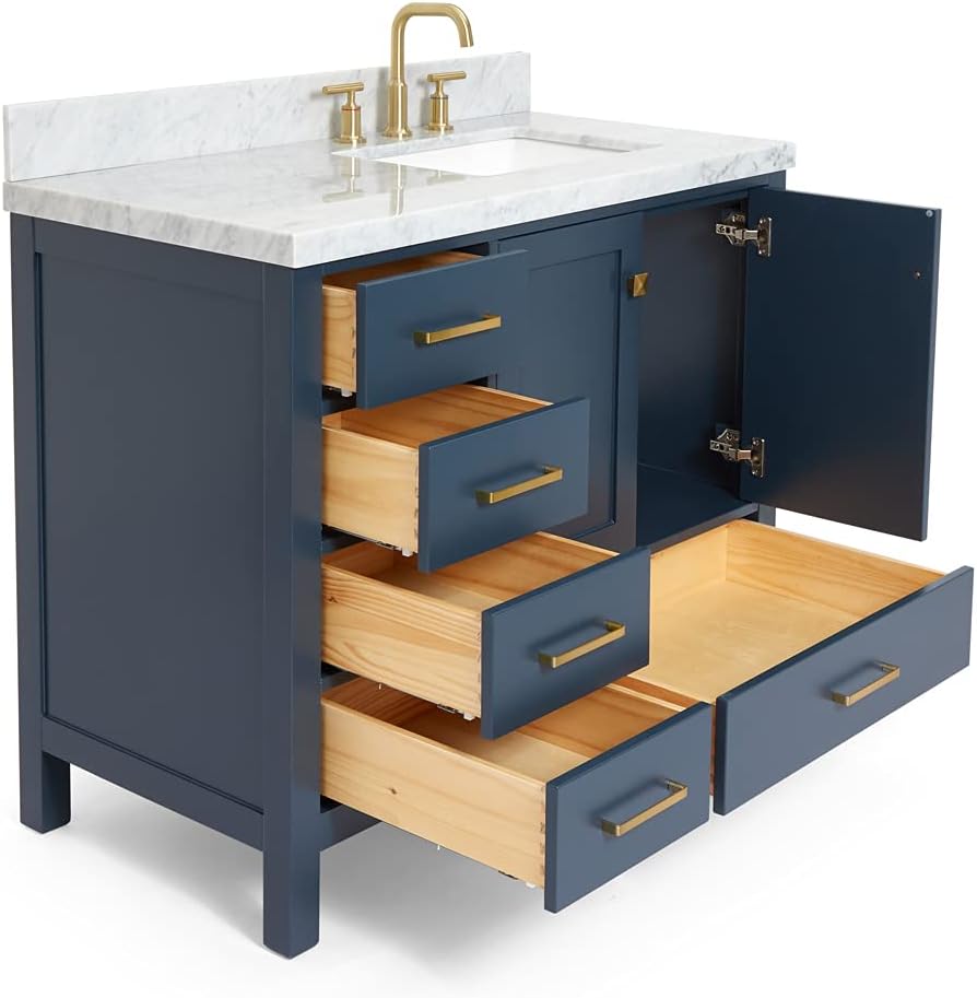 DKB Beckford 42-Inch Midnight Blue Bathroom Vanity with Sink, 1.5-Inch Italian Carrara Marble Countertop & Backsplash, Rectangular Sink, 2 Soft Closing Doors, 5 Dovetail Drawers, Satin Brass Hardware