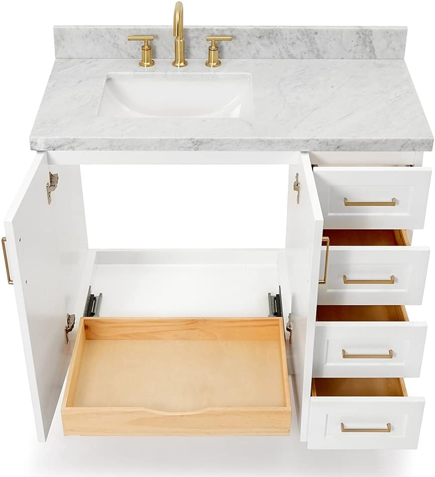 ARIEL Taylor 42-inch Bathroom Vanity with Sink,Solid Wood, 1.5-inch Italian Carrara Marble Countertop, Single Rectangular Porcelain Sink, 2 Soft Closing Doors, 5 Dovetail Drawers, White