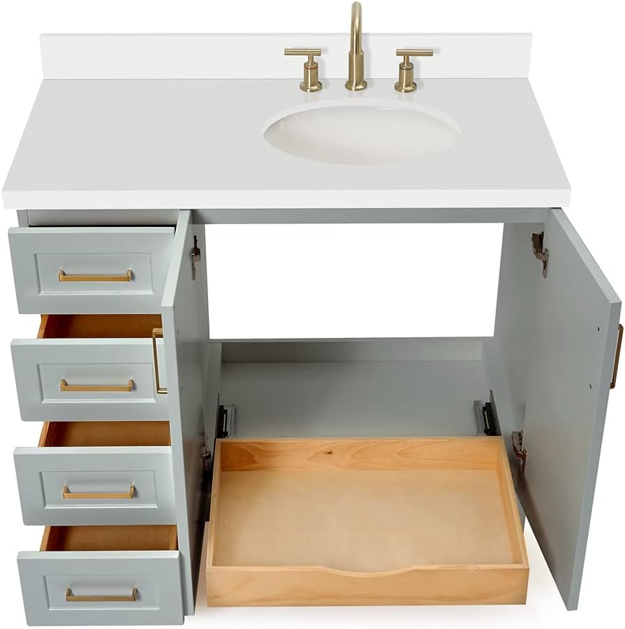 DKB Emilia 42' Grey Single Bathroom Vanity with Sink, 1.5' Pure White Quartz Countertop, Offset Oval Sink, 2 Soft-Closing Doors, 5 Dovetail Drawers