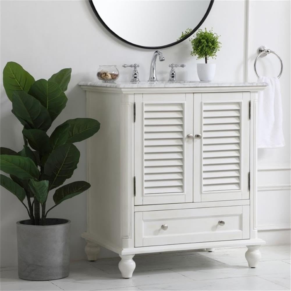Pemberly Row 30' Single Marble Top Bathroom Vanity in Antique White
