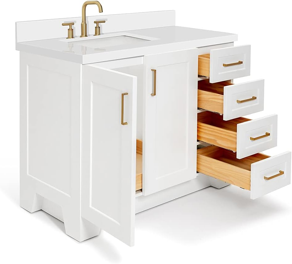 ARIEL Taylor 42-inch Bathroom Vanity with Sink,Solid Wood, 1.5-inch Pure White Quartz Countertop & Backsplash, Single Rectangular Porcelain Sink, 2 Soft Closing Doors, 5 Dovetail Drawers, White