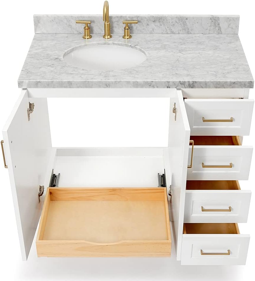 ARIEL Taylor 42-inch Bathroom Vanity with Sink,Solid Wood, 1.5-inch Italian Carrara Marble Countertop & Backsplash, Single Oval Porcelain Sink, 2 Soft Closing Doors, 5 Dovetail Drawers, White