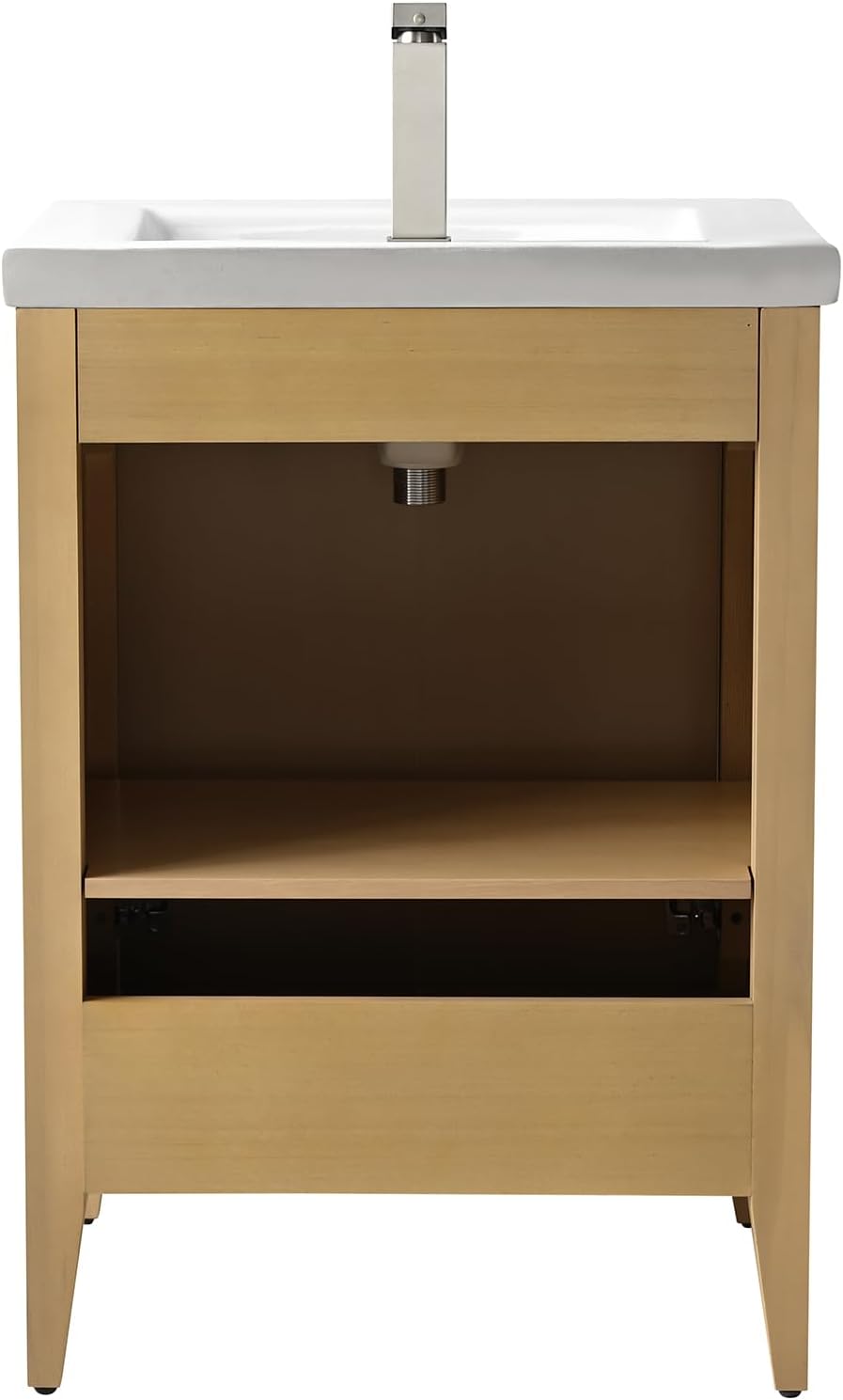 HOMEBEYOND 24' Bathroom Vanity with Ceramic Sink, Solid Wood Free-Standing Vanities Cabinet, Ceramic Top, Golden Brushed Handware & Soft Closing Door, Natural Oak