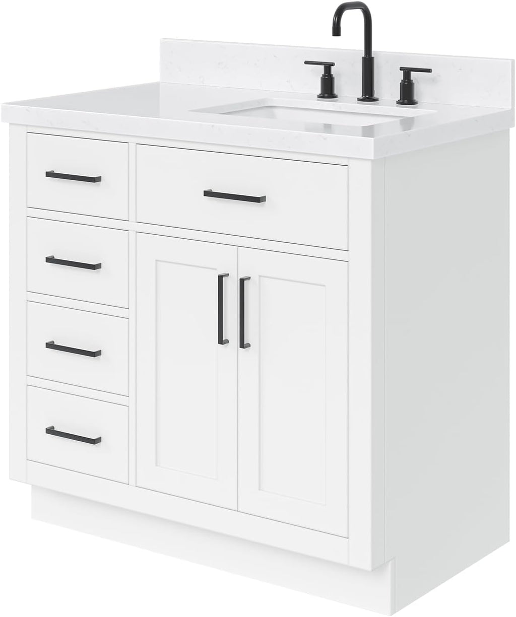 ARIEL Hepburn 36-inch Bathroom Vanity with Sink,Solid Wood, 1.5-inch Carrara White Quartz Countertop & Backsplash, Single Rectangular Porcelain Sink, 2 Soft Closing Doors, 5 Dovetail Drawers, White